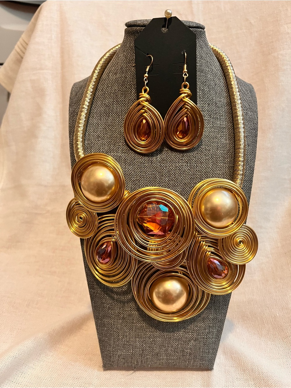 Beautiful Gold Statement Spiral Necklace and Earrings Set with Amber Accents